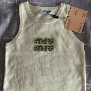 Miu Miu Cream Knit Tank | Green Crystal Logo, Tags On(100 to 120 pounds)